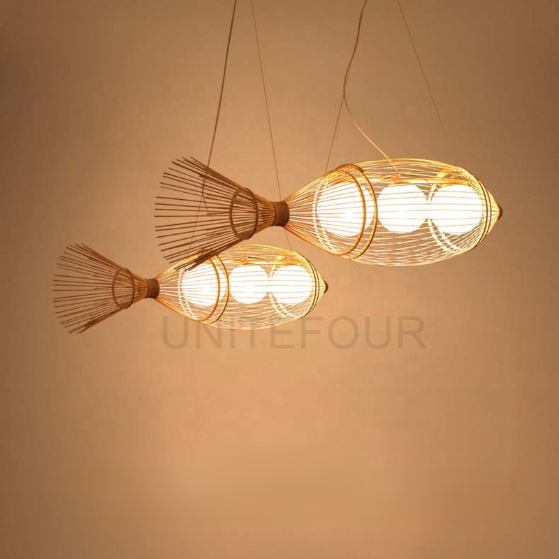 Creative Bamboo Fish Chandelier Lamp Ceiling Warm Light for Dining Room Decor LED Hanging Pendant Light for Cafe Bar Restaurant