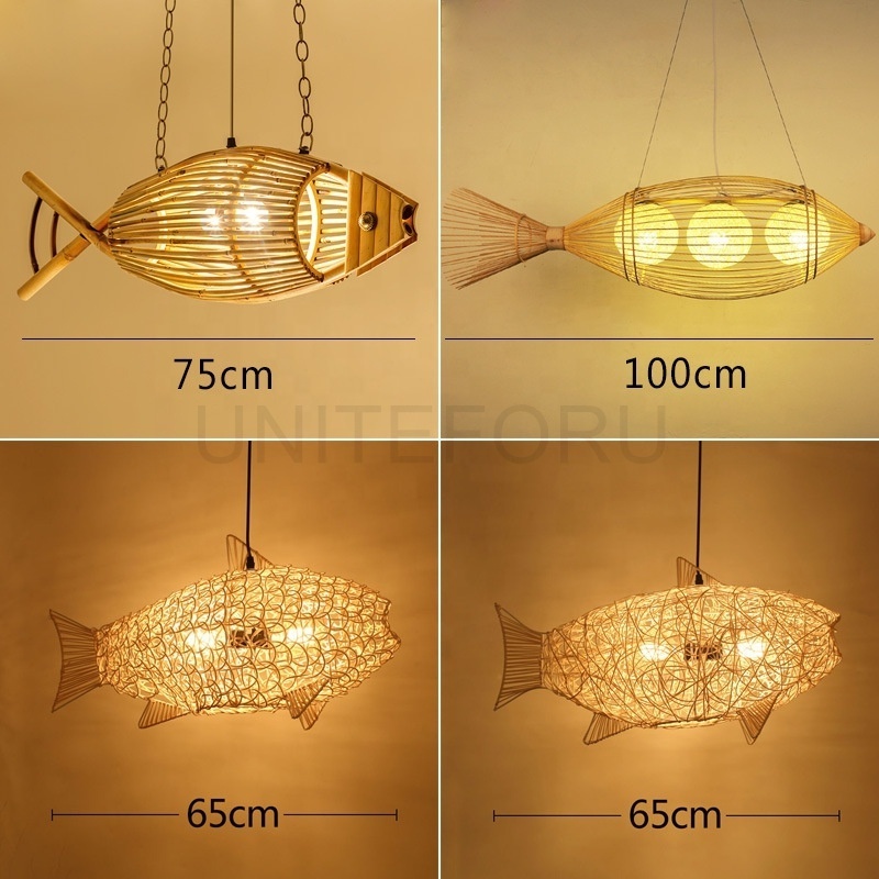 Creative Bamboo Fish Chandelier Lamp Ceiling Warm Light for Dining Room Decor LED Hanging Pendant Light for Cafe Bar Restaurant