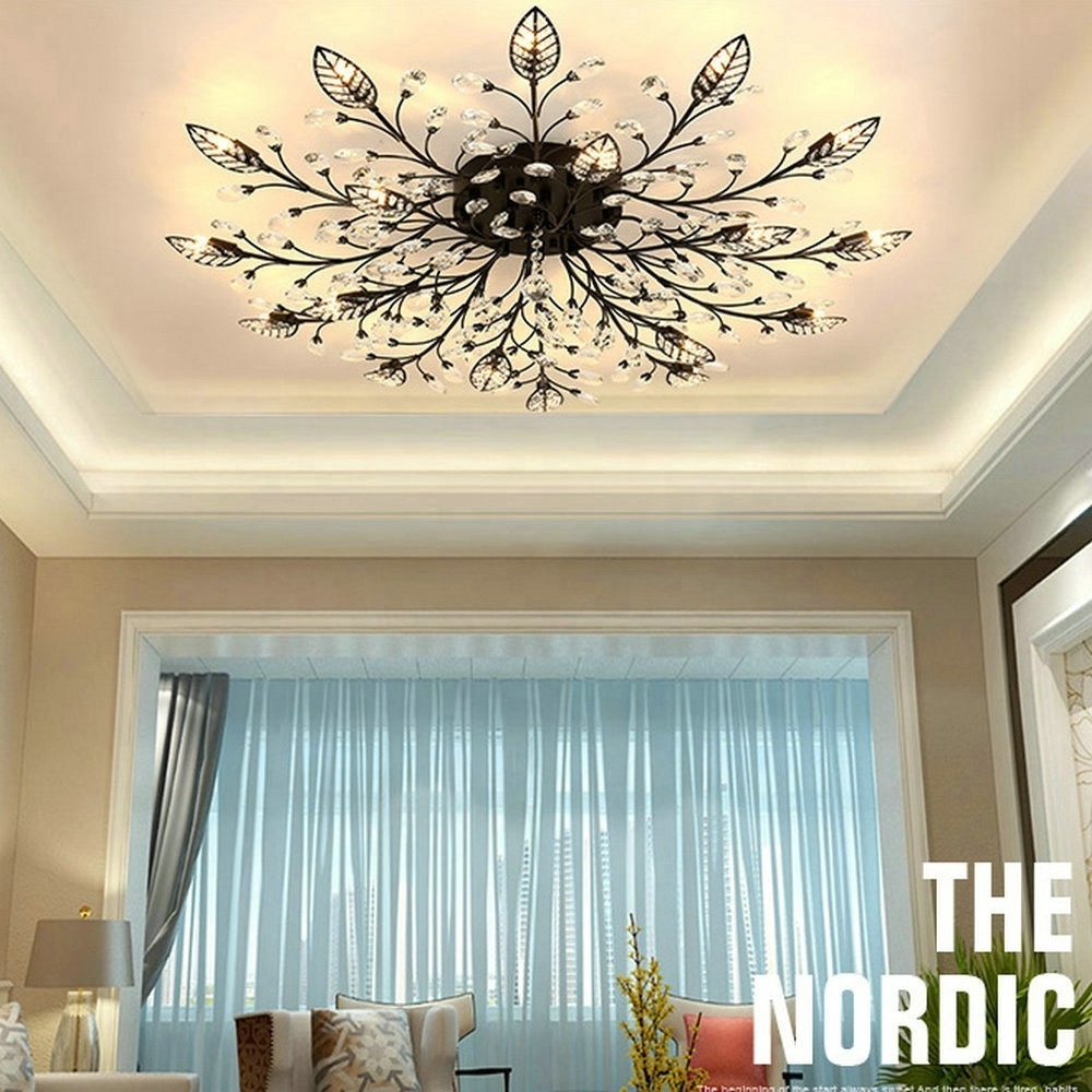 Modern Flush Mount Home Gold Black LED K9 Crystal Ceiling Chandelier Lights Fixture For Living Room Bedroom Kitchen Lamps