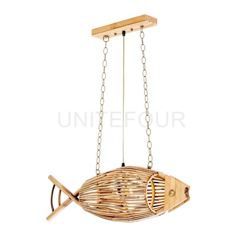 Creative Bamboo Fish Chandelier Lamp Ceiling Warm Light for Dining Room Decor LED Hanging Pendant Light for Cafe Bar Restaurant