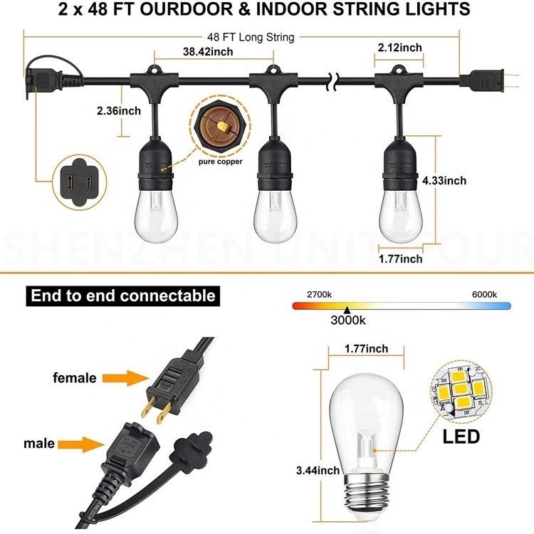 Waterproof Outdoor String Lights Patio Light Sockets Warm White Bulbs Shatterproof Hanging Lantern for Fence Porch Backyard