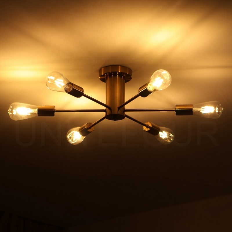 Semi Flush Mount Ceiling Light Modern Sputnik 6 Lights Chandelier Mid Century Pendant Light Fixture for Bedroom