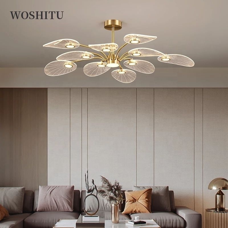 Nordic LED Ceiling Lamp Modern Copper Chandeliers for Bedroom Living Room Lotus Leaf Shape Design Home Decor Lighting Fixture