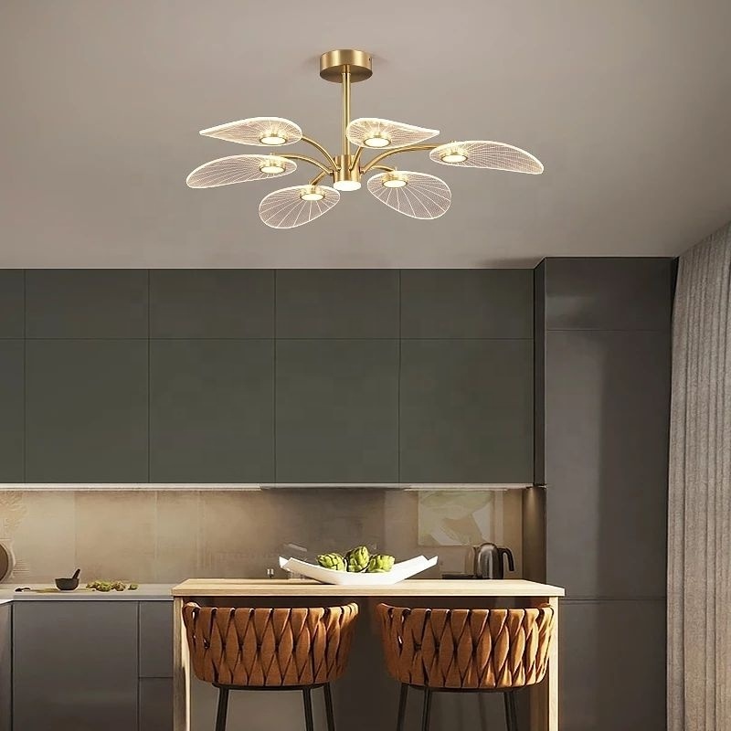 Nordic LED Ceiling Lamp Modern Copper Chandeliers for Bedroom Living Room Lotus Leaf Shape Design Home Decor Lighting Fixture