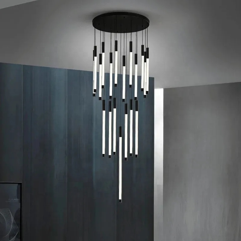 Gold Black Silver Stainless Steel Creative Modern Chandelier For Staircase Foyer Stairwell Luxurious Hanging Dimmable Lighting