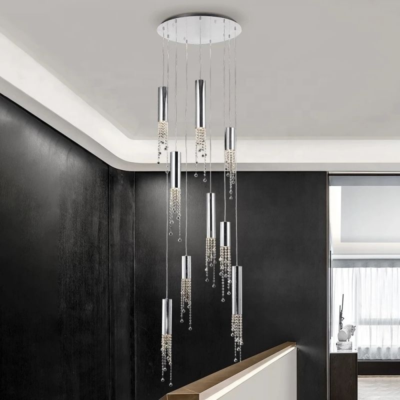 Light Luxury Crystal Large Staircase Chandelier Modern LED Living Room Hall Loft Hanging Lighting Indoor Ceiling Lustre Fixtures