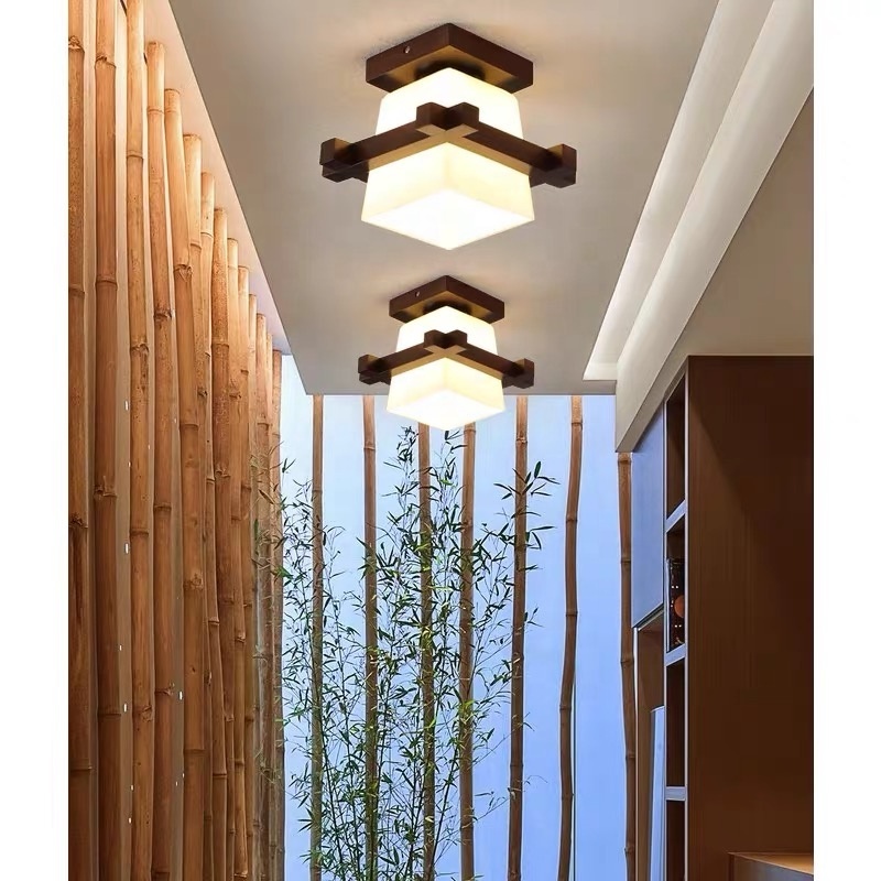 Simple Japan LED Wooden Lamp Retro Living Room Bedroom Hallway Porch Balcony Light Fixtures Modern Glass Lampshade Ceiling Lamp