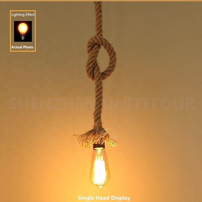 Industrial Pendant Hemp Lamp Rope Rustic Hanging Lights for Bedroom Restaurant Cafe Bar Country Style Single Double Heads