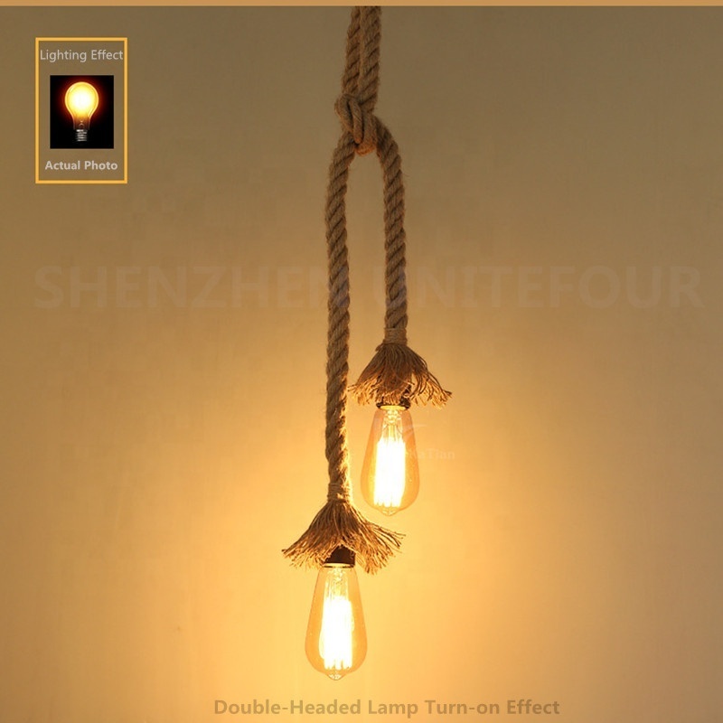 Industrial Pendant Hemp Lamp Rope Rustic Hanging Lights for Bedroom Restaurant Cafe Bar Country Style Single Double Heads