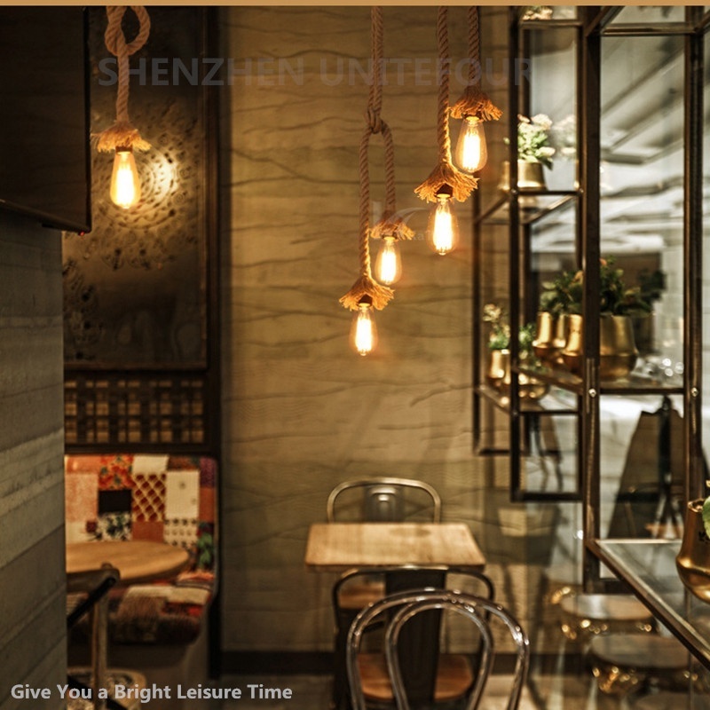 Industrial Pendant Hemp Lamp Rope Rustic Hanging Lights for Bedroom Restaurant Cafe Bar Country Style Single Double Heads