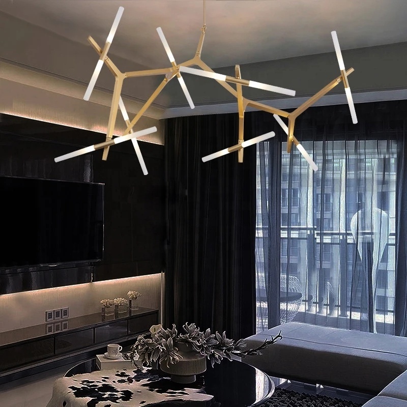 Modern Metal Sputnik Chandelier Lamp Tree Branch Pendant Lighting Ceiling Fixture with Frosted Glass Lampshade for Dining Room