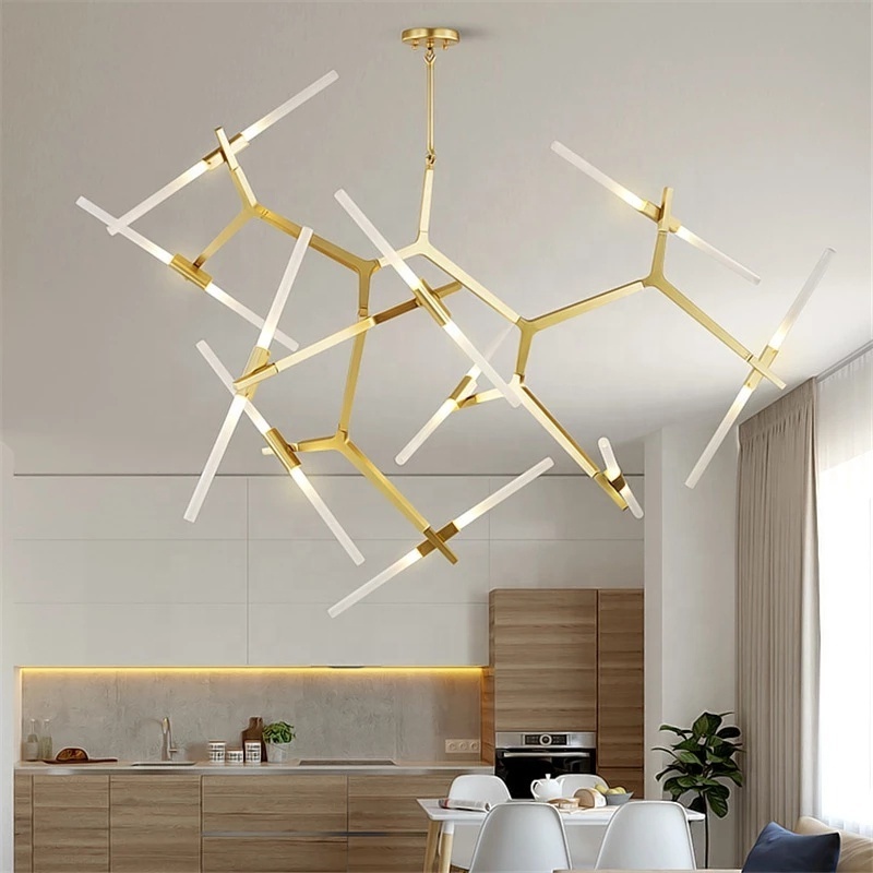 Modern Metal Sputnik Chandelier Lamp Tree Branch Pendant Lighting Ceiling Fixture with Frosted Glass Lampshade for Dining Room