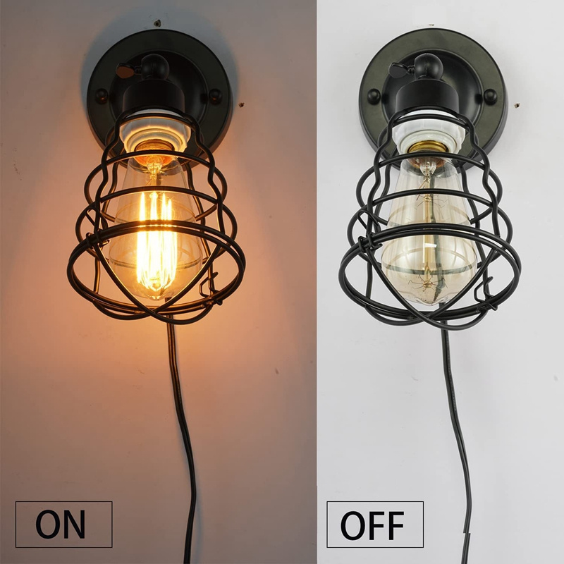 Industrial Wall Light Edison Wire Cage Frame Vintage Ceiling Lamp Adjustable Angle Sconce for Headboard Bedroom Porch Bathroom