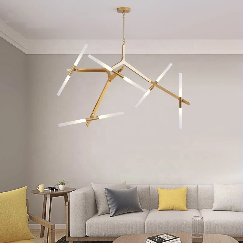 Modern Metal Sputnik Chandelier Lamp Tree Branch Pendant Lighting Ceiling Fixture with Frosted Glass Lampshade for Dining Room