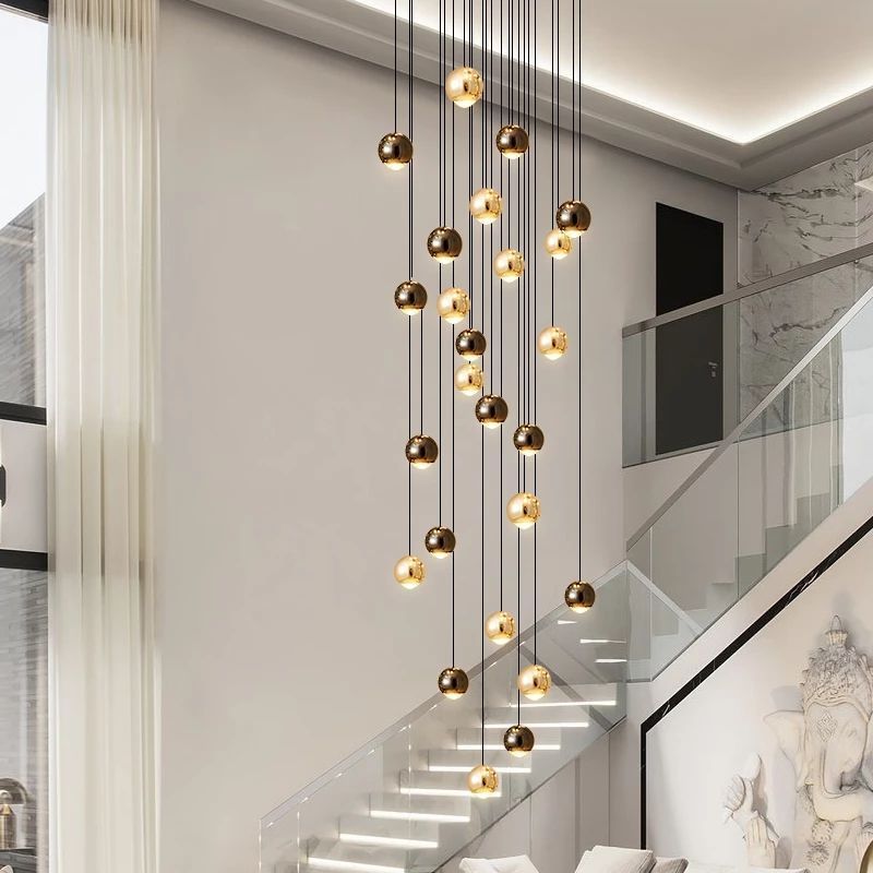 Modern Luxury LED Stair Chandelier Duplex Rotating Staircase Creative Round Ball Pendant Lights Dining Living Room Lamp Fixtures