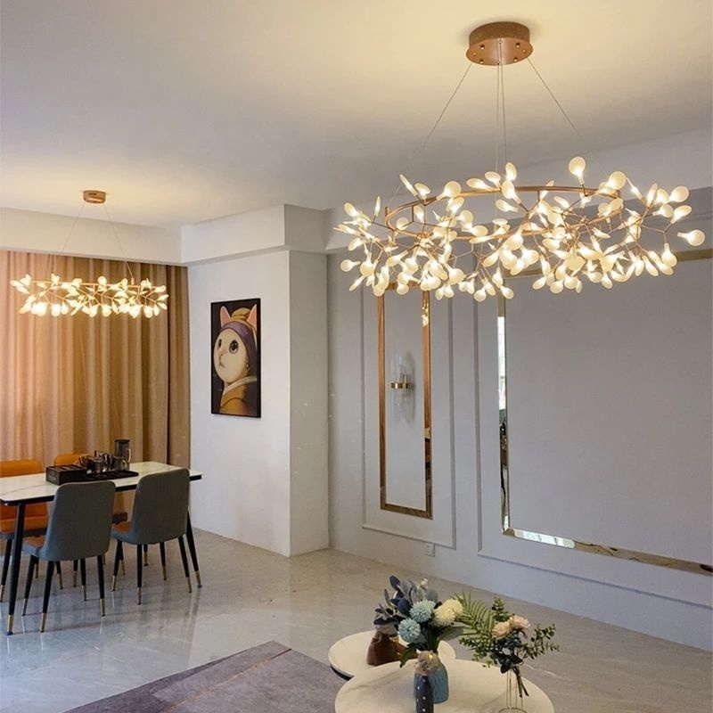 Living room chandelier Romantic Firefly LED Light Stylish Tree Branch Metal Round Dining room Restaurant Ceiling Chandelier