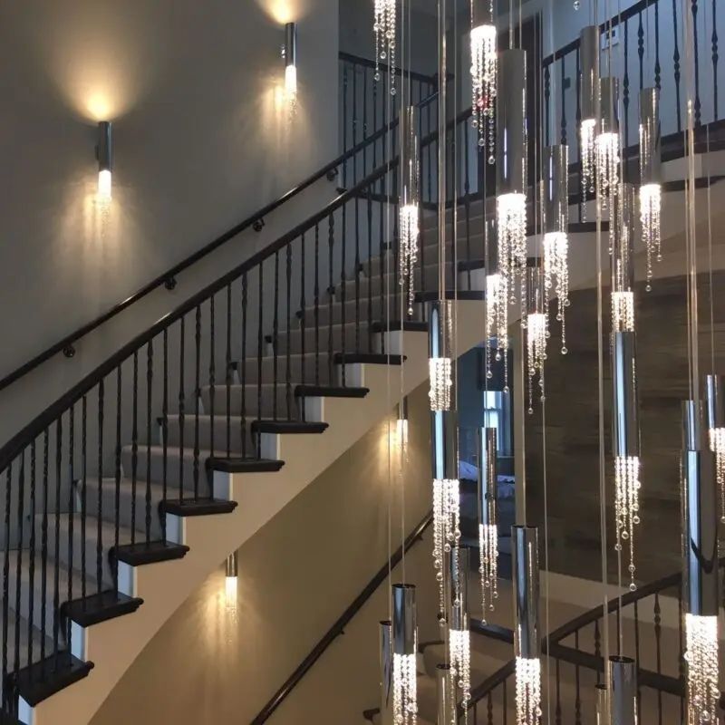 Light Luxury Crystal Large Staircase Chandelier Modern LED Living Room Hall Loft Hanging Lighting Indoor Ceiling Lustre Fixtures