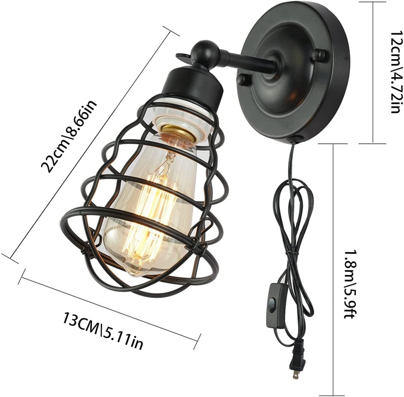 Industrial Wall Light Edison Wire Cage Frame Vintage Ceiling Lamp Adjustable Angle Sconce for Headboard Bedroom Porch Bathroom