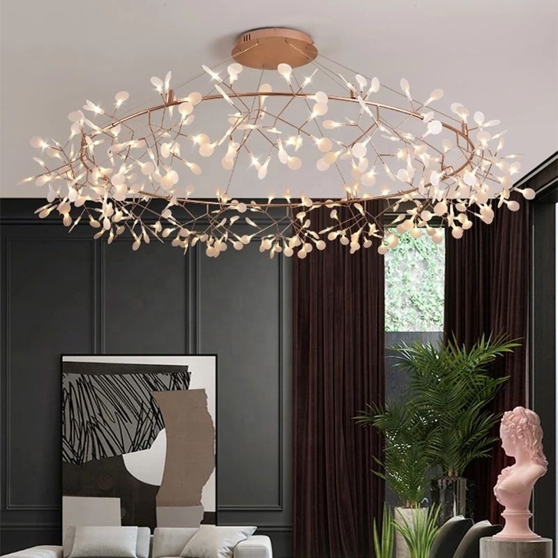 Living room chandelier Romantic Firefly LED Light Stylish Tree Branch Metal Round Dining room Restaurant Ceiling Chandelier