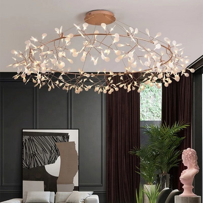 Living room chandelier Romantic Firefly LED Light Stylish Tree Branch Metal Round Dining room Restaurant Ceiling Chandelier