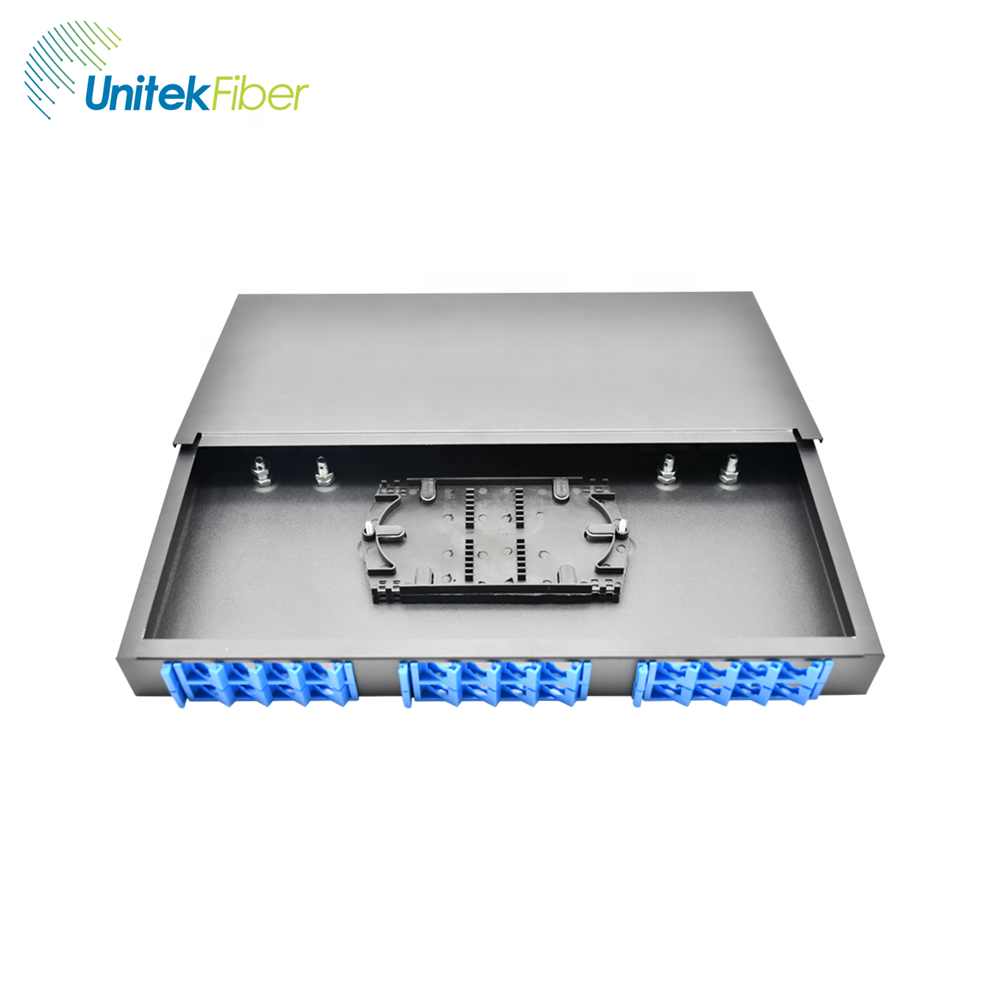 China Supplier FTTH Fiber Optic Distribution Box LC SC ST FC ODF Fixed Drawer 12 24 Ports Patch Panel with Splice Tray Adapter