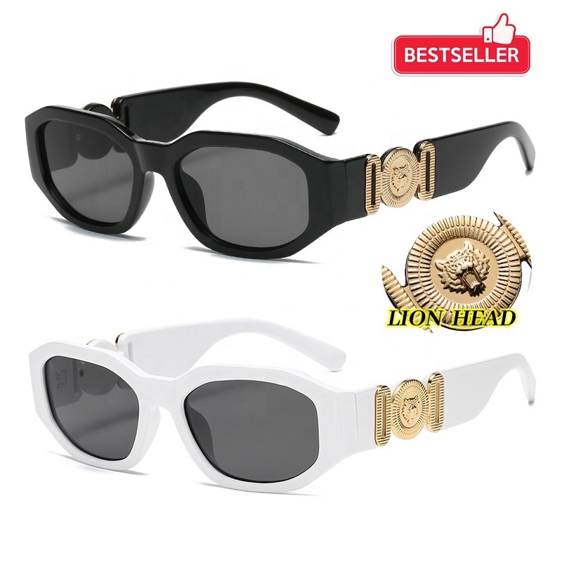 Newest trend Italy luxury designer uv400 ce cat 3 vintage women small black polygon frame medusaa sunglasses with gold lion head