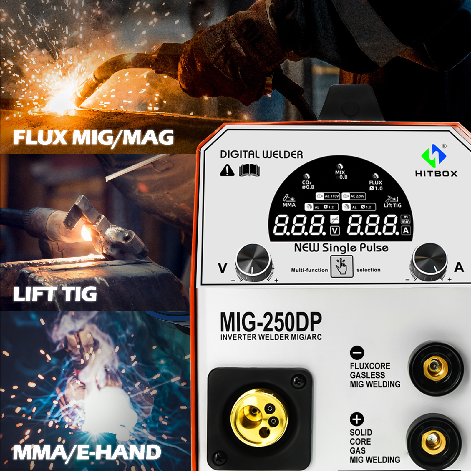 HITBOX Factory WHOLESALE 5 in 1 MMA TIG MAG MIG Welder 200 AMP IGBT Aluminum CO2 NO GAS Inverter Welding Machine