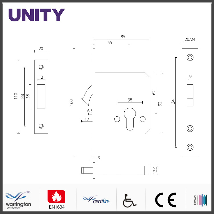 UNITY 55MM Backset Sliding Door Mortise Hook Lock For Sliding Door