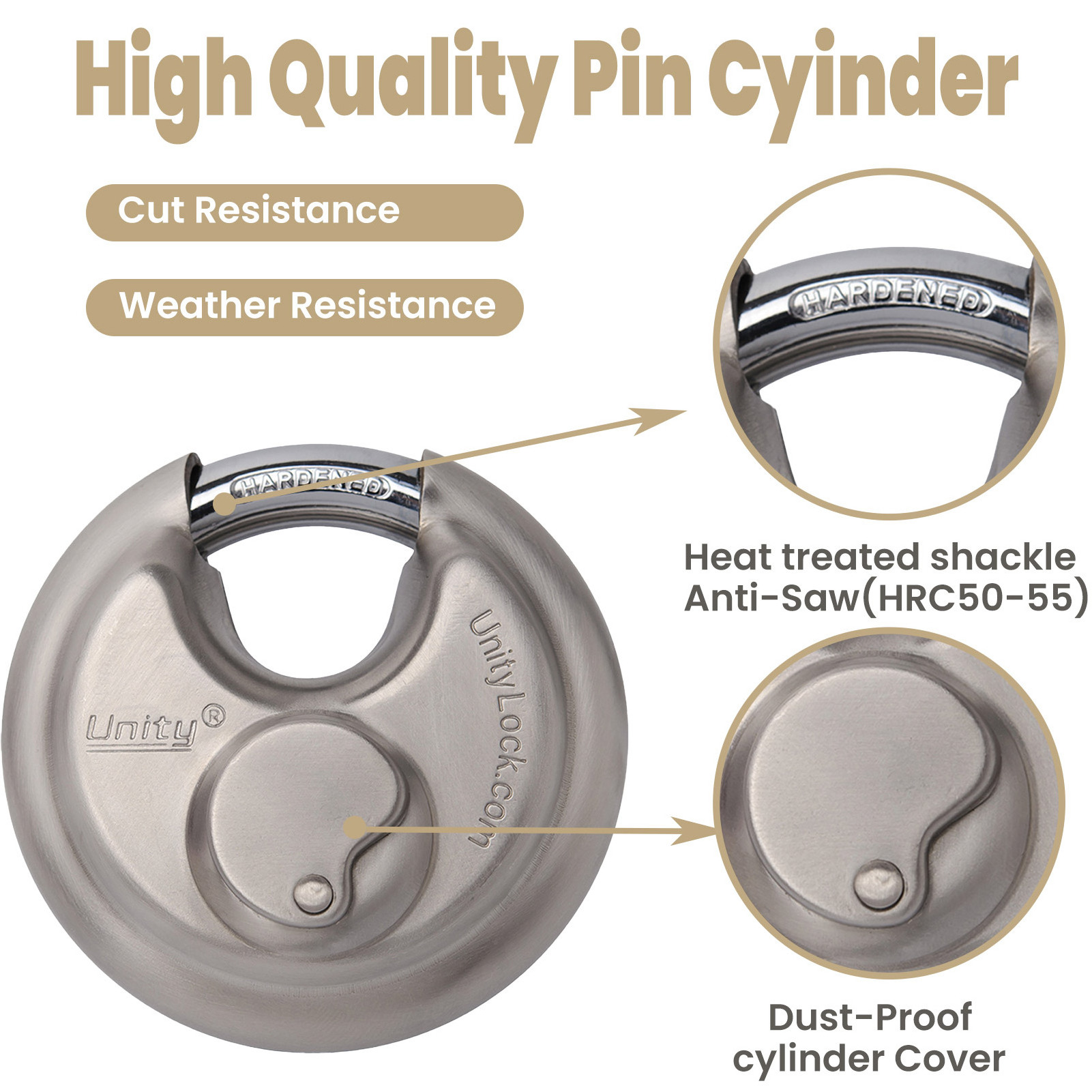 Stainless Steel disc Padlock with dust Cover, Keep Cylinder Clean, Keyway Protection 2-3/4