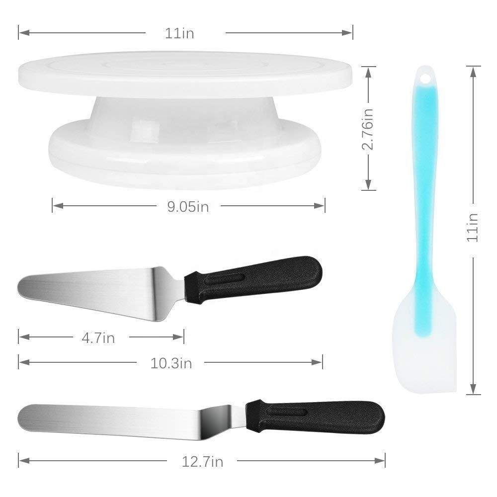 selling plastic handle stainless steel head cake decorating set with spatula and 11inches white turntable