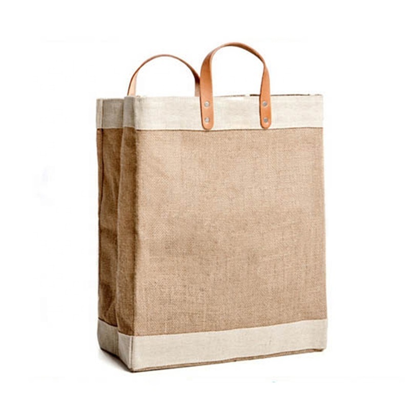 Wholesale Original Natural Large Laptop Shopping Travel Woman Lamination Hemp Jute Tote Bag With Leather Handle