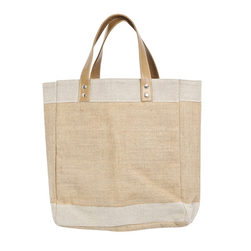 Wholesale Original Natural Large Laptop Shopping Travel Woman Lamination Hemp Jute Tote Bag With Leather Handle