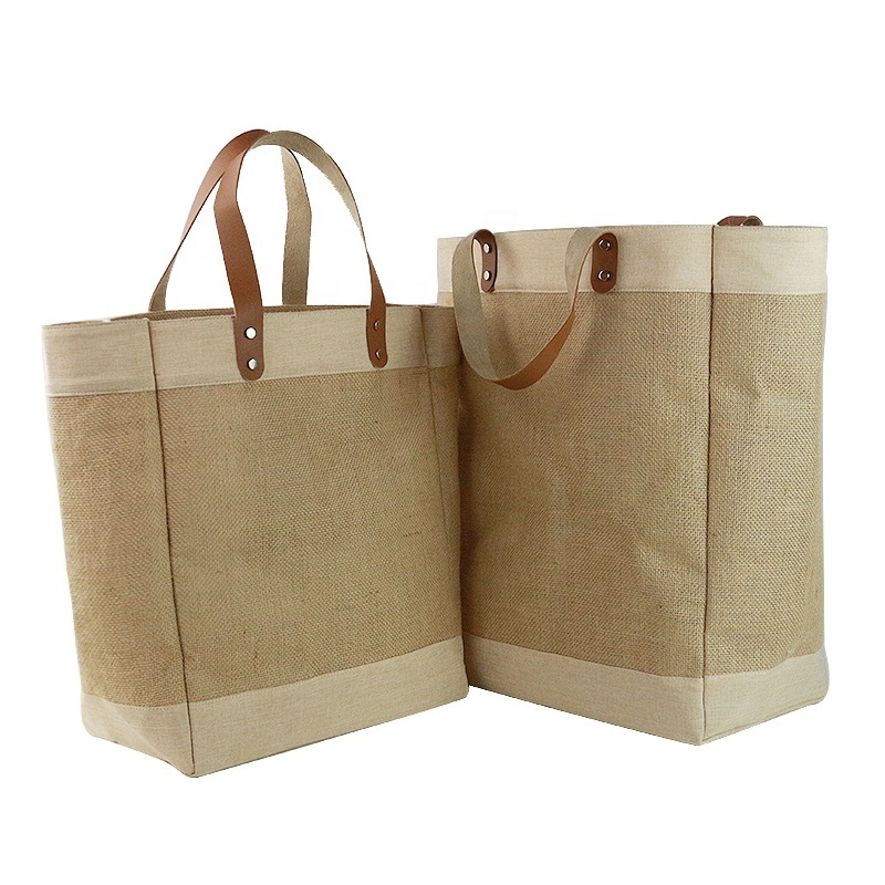 Wholesale Original Natural Large Laptop Shopping Travel Woman Lamination Hemp Jute Tote Bag With Leather Handle