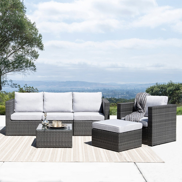 Grey Black Outdoor 6-piece Wicker Sofa Set with Glass Top Rattan Corner Sectional Sofa Set Patio Garden Furniture