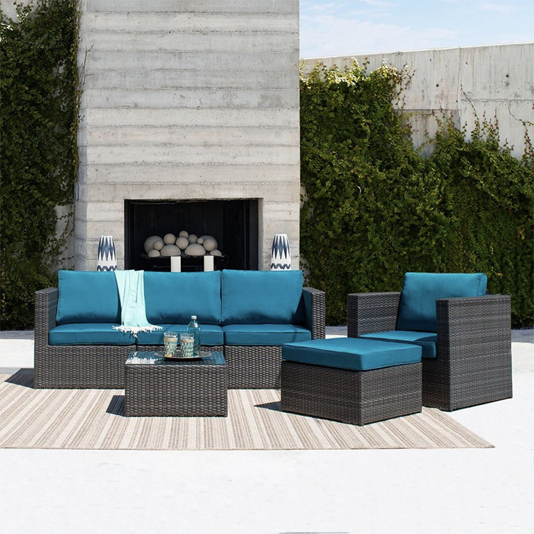 Grey Black Outdoor 6-piece Wicker Sofa Set with Glass Top Rattan Corner Sectional Sofa Set Patio Garden Furniture