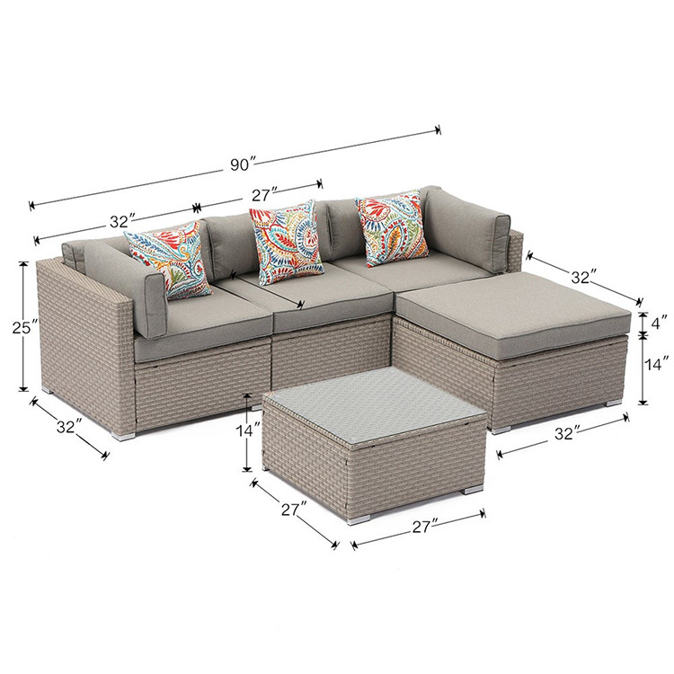 5pcs outdoor furniture sectional set warm grey wicker sofa garden line patio set modular outdoor sofa wicker rattan furniture