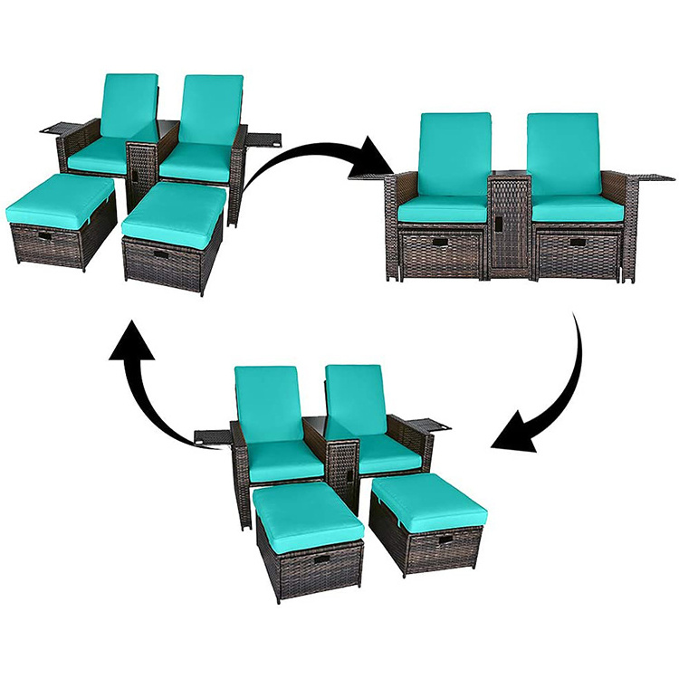 5 pcs Patio recliner loveseat outdoor Rattan Sofa Set adjustable Lounge Chair Wicker loveseat