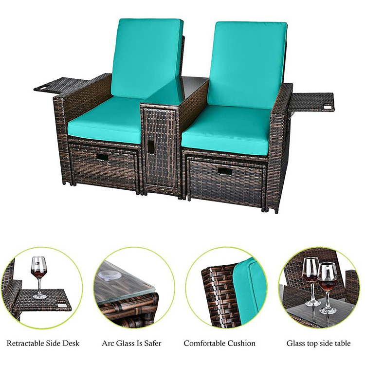 5 pcs Patio recliner loveseat outdoor Rattan Sofa Set adjustable Lounge Chair Wicker loveseat