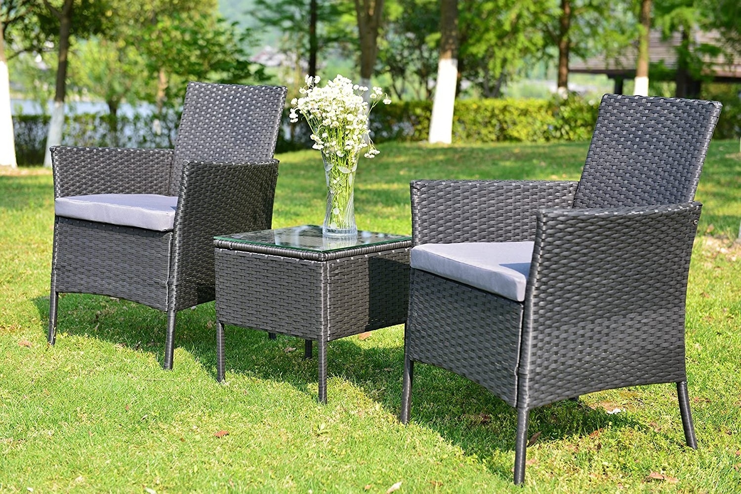 Outdoor Rattan Patio Furniture Set 3 Piece Garden Table and Chairs