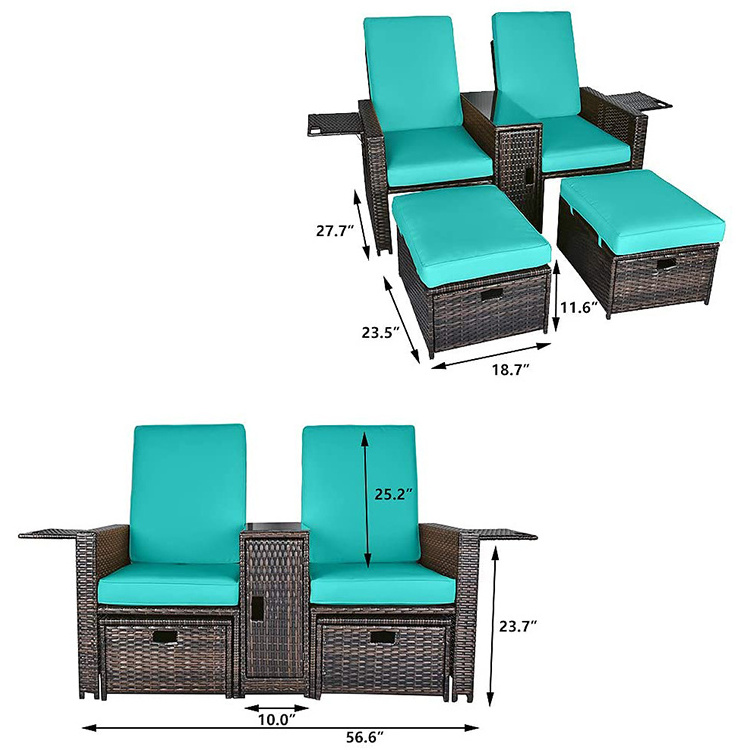 5 pcs Patio recliner loveseat outdoor Rattan Sofa Set adjustable Lounge Chair Wicker loveseat