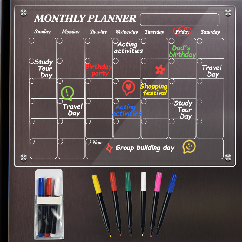 Portable Magnetic Whiteboard with Acrylic Surface Erasable Planner for Schedule and Calendar