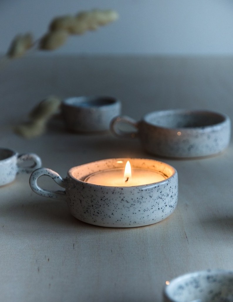 UOBOBO Handmade  Ceramics Tea Light Speckles Tea Light Candle Holder Cylinder Long Stem