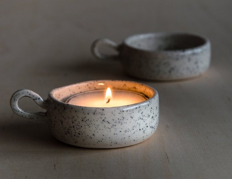 UOBOBO Handmade  Ceramics Tea Light Speckles Tea Light Candle Holder Cylinder Long Stem