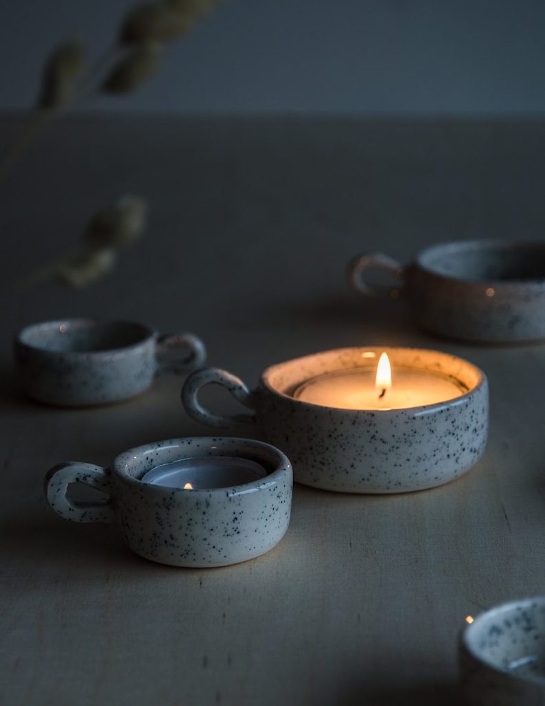 UOBOBO Handmade  Ceramics Tea Light Speckles Tea Light Candle Holder Cylinder Long Stem