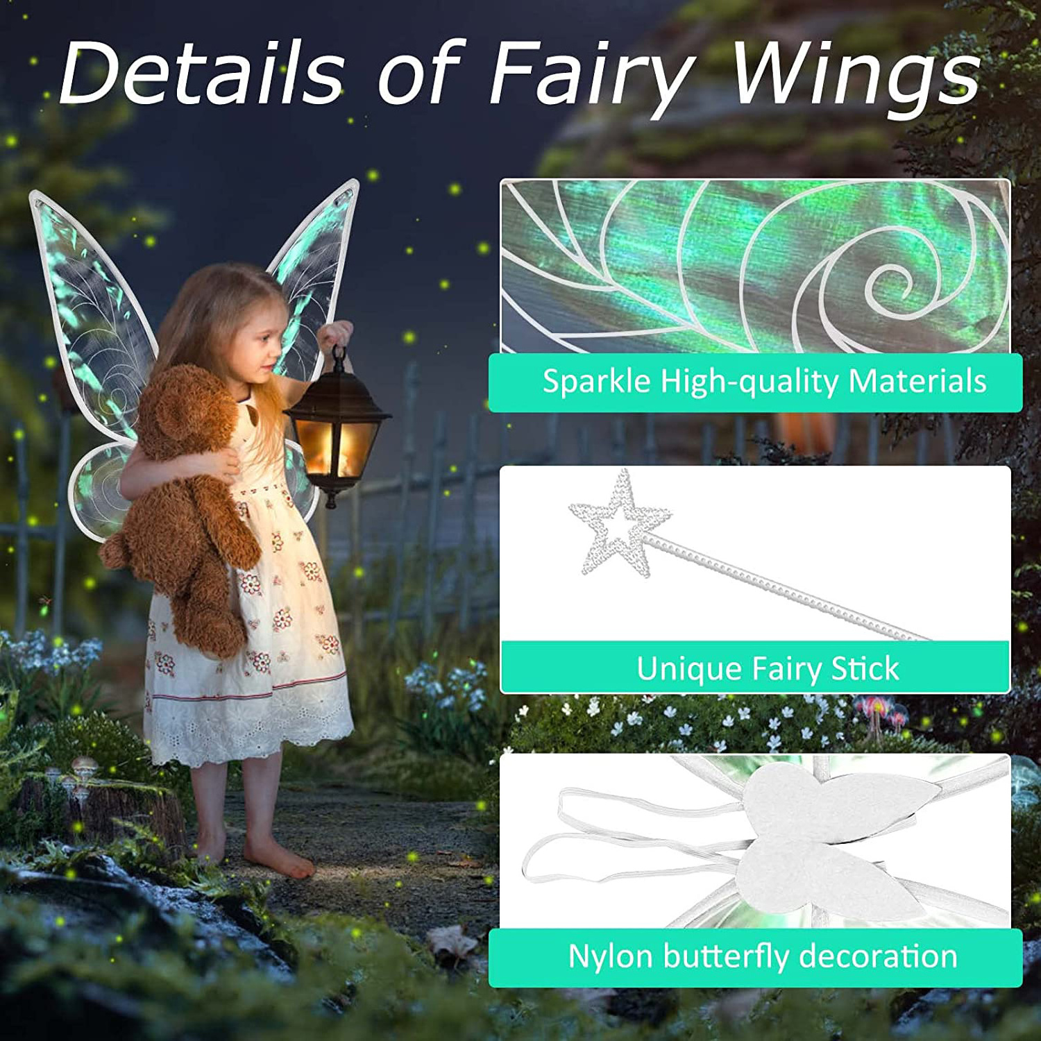 Nicro Party Sparkling Sheer Dress up Feather Kids Elf Wand Angel Fairy Cosplay Halloween Butterfly Wings Costume Fancy Clothes