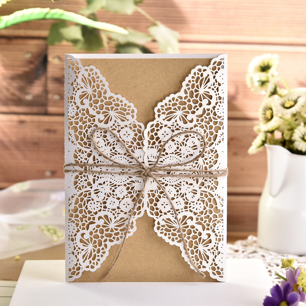 Nicro Wholesale Customize Hollow Lace Shape Luxury With Ribbon Envelopes Wedding Invitation Card Laser Cut Wedding Invitations