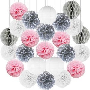 Nicro White Pink Rose Wedding Party Wall Decoration Baby Girl Kids Birthday Paper Craft Lantern Disposable Paper Pom Poms Kit