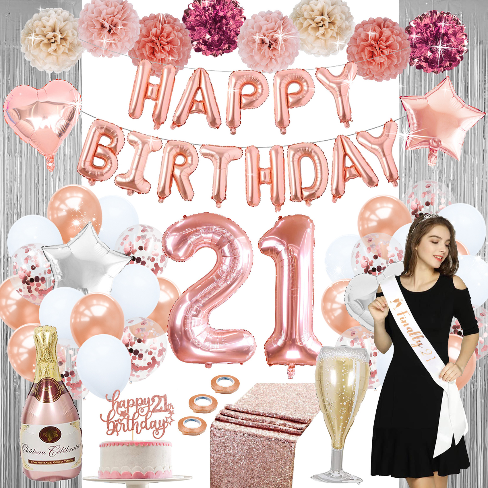 Nicro 21th Wholesale Rose Gold Theme Girl Female Happy Birthday Event Party Supplies Decorations Wedding Party Decoration Set