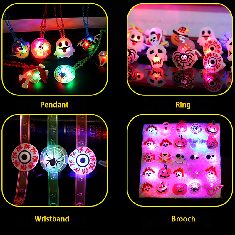 Nicro Wholesale Halloween Party Supplies Accessories PVC Plastic Pumpkin LED Glitter Brooch Watch Rings