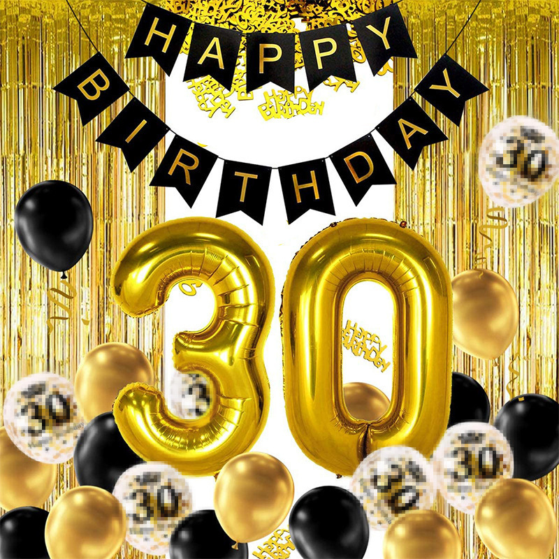 Nicro Black Gold 30th Birthday Anniversary Party Supplies 40 Inch Sequin Balloon Rain Curtain Happy Birthday Decoration